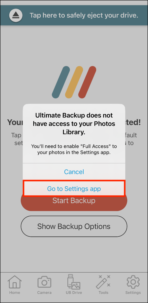 Home 01 > No Access to Photo Library > Got to Settings app.PNG