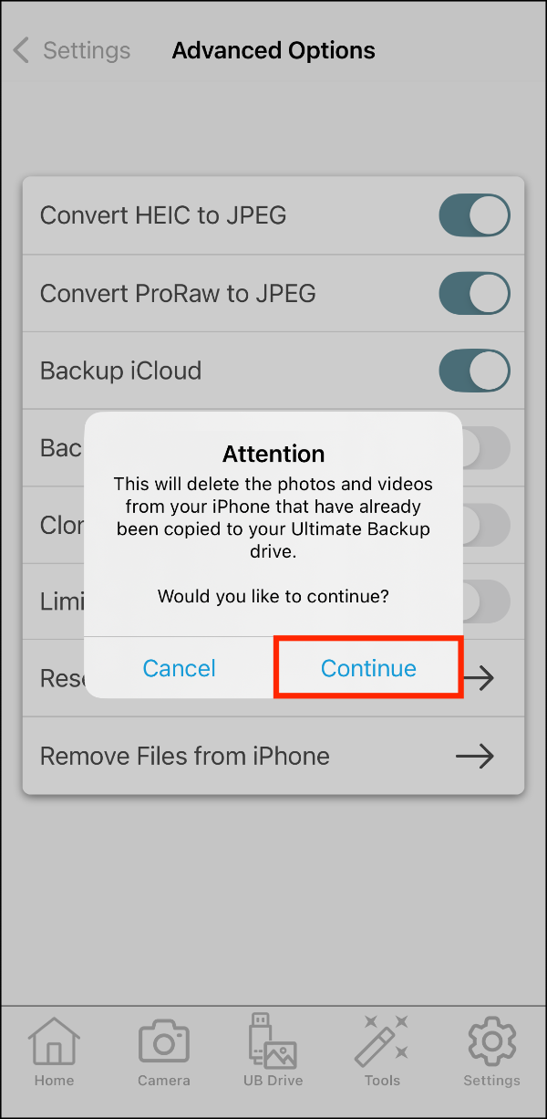 Advanced Options > Remove Files from iPhone Prompt > Continue.PNG