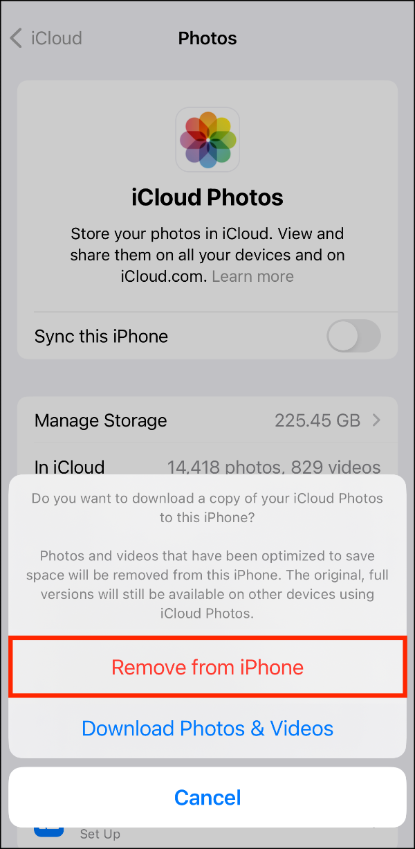 iCloud Photos > Disable Prompt > Remove from iPhone.PNG