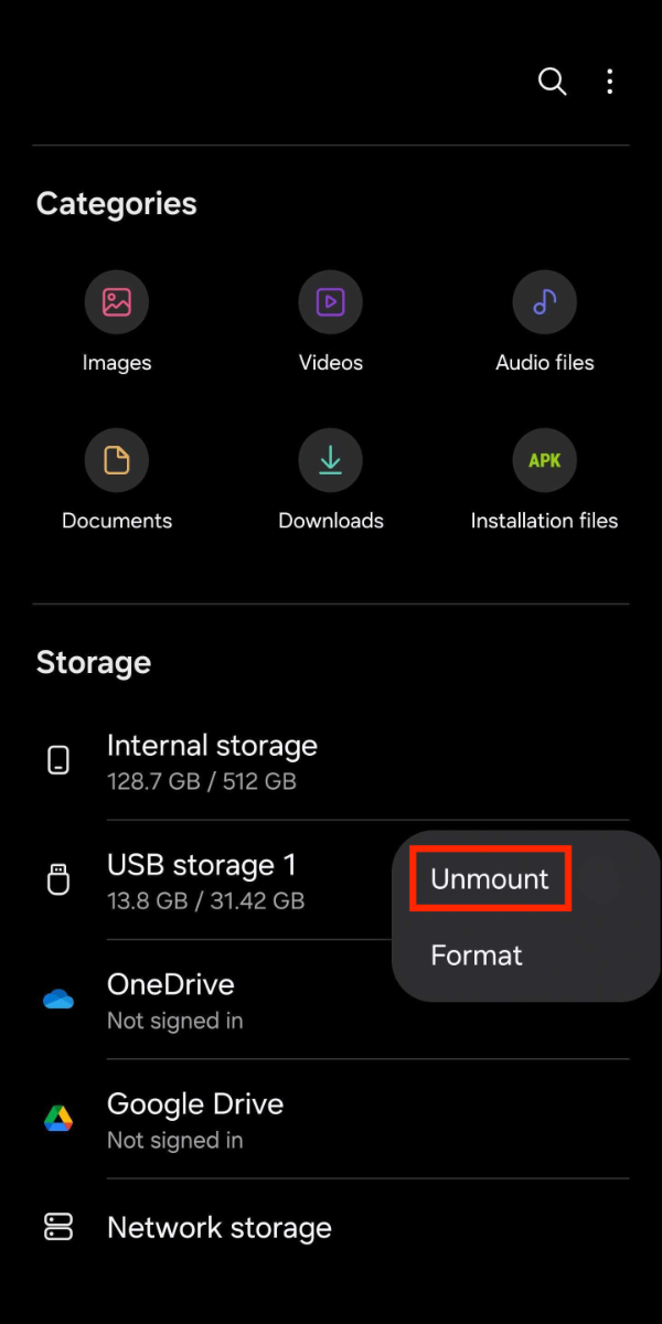 My Files > USB storage 1 < Unmount.png
