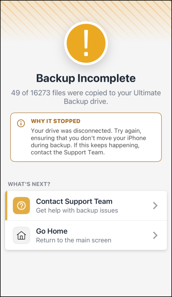 The Backup Incomplete screen, showing why the backup stopped