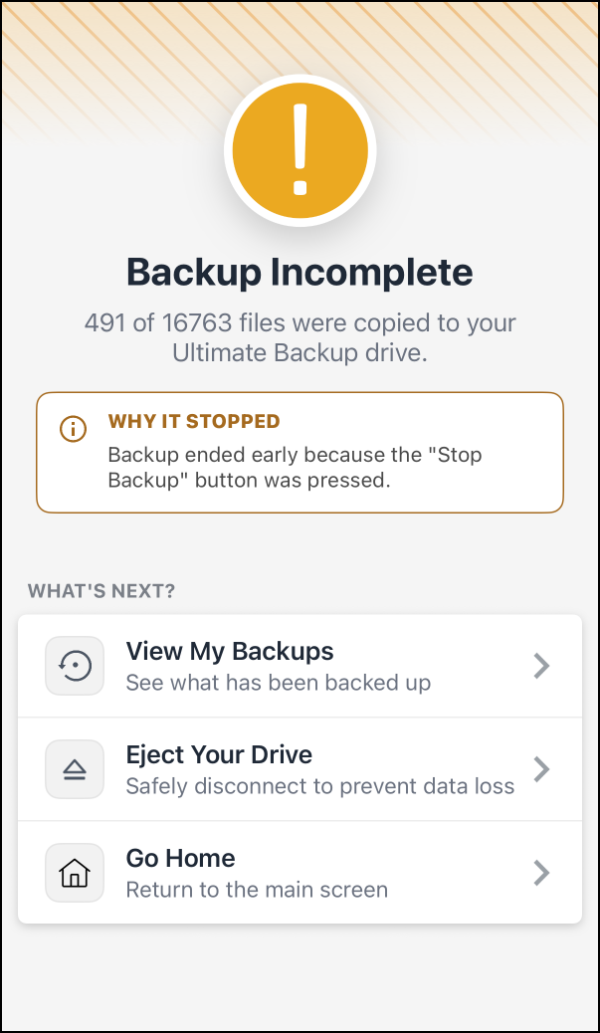 The Backup Incomplete screen with the reason and the Resume Backup button