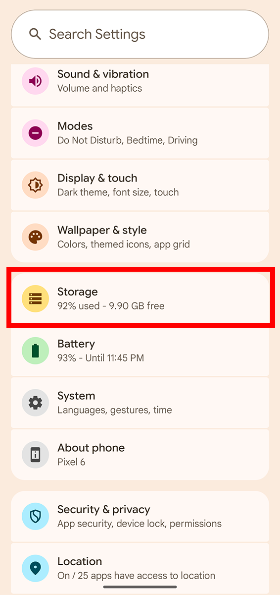 Settings app with Storage highlighted