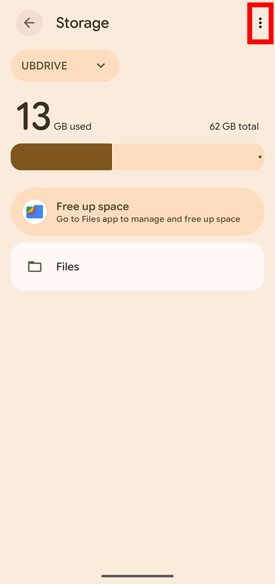 Storage screen for UBDRIVE with the more button highlighted