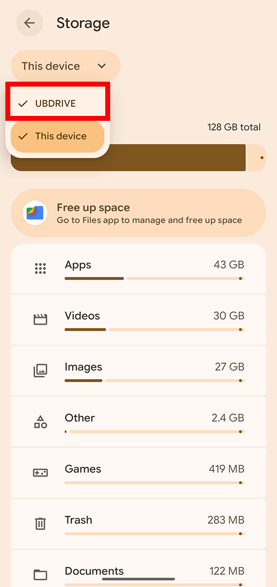 Storage list with UBDRIVE highlighted