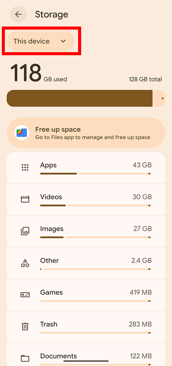 Storage screen with This device highlighted