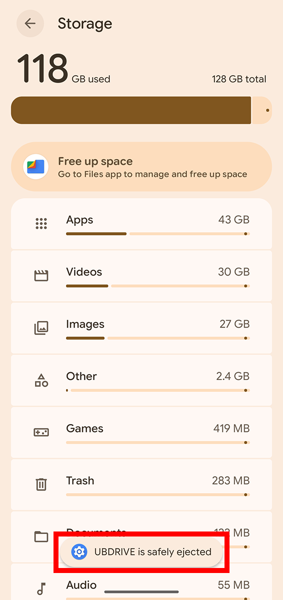 Storage screen showing the UBDRIVE is safely ejected message