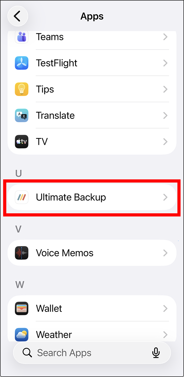 Apps list in Settings with Ultimate Backup highlighted