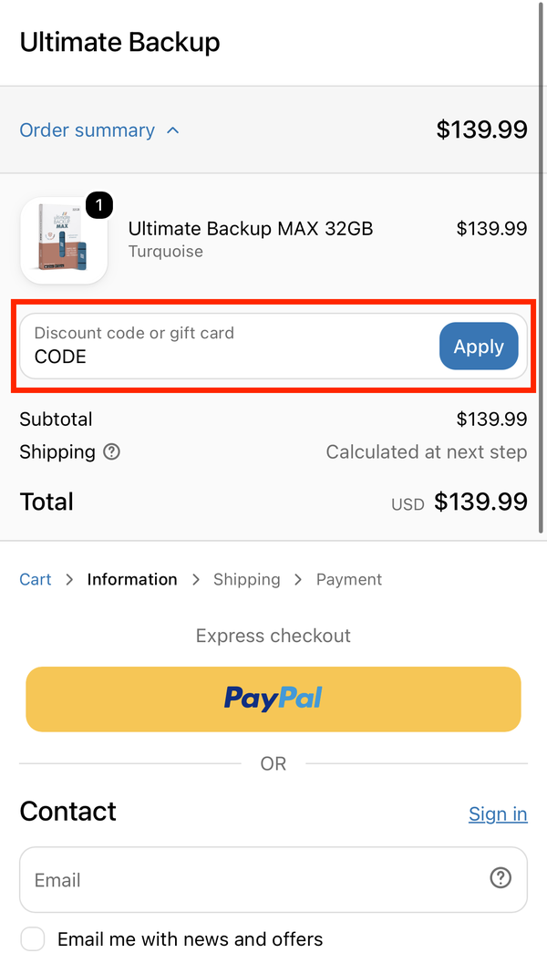 Checkout > Discount code (phone)