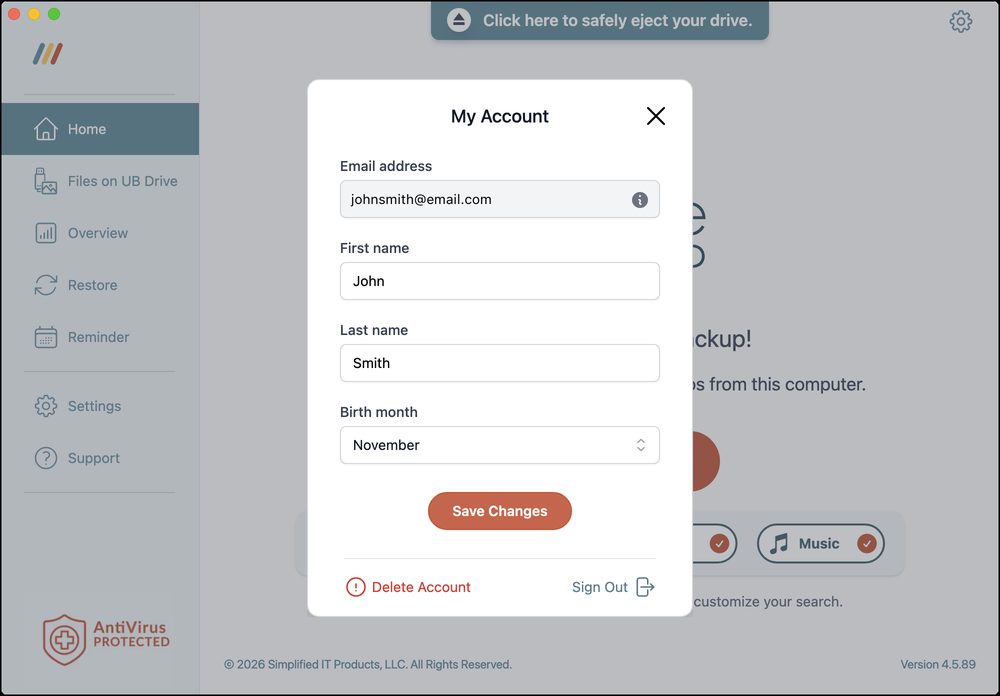 My Account dialog