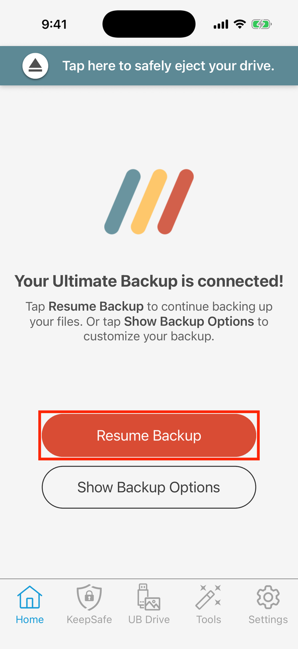 Home, with Resume Backup highlighted