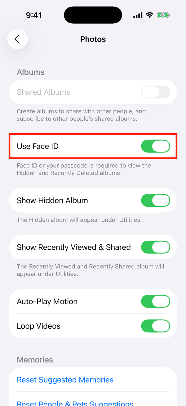 Photos settings, with Use Face ID highlighted