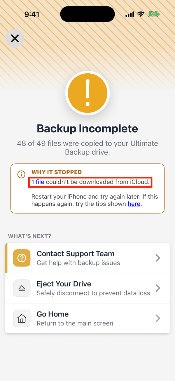 Backup Incomplete, with 1 file couldn’t be downloaded from iCloud highlighted