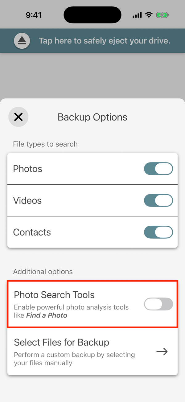 Backup Options, with Photo Search Tools highlighted