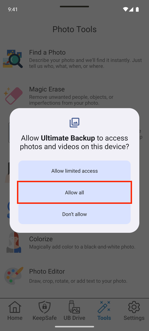 Photo access prompt, with Allow all highlighted