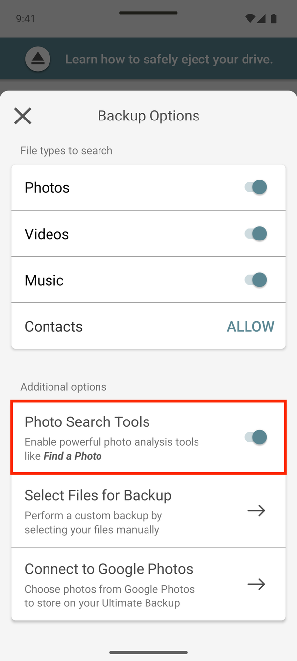 Backup Options, with Photo Search Tools highlighted