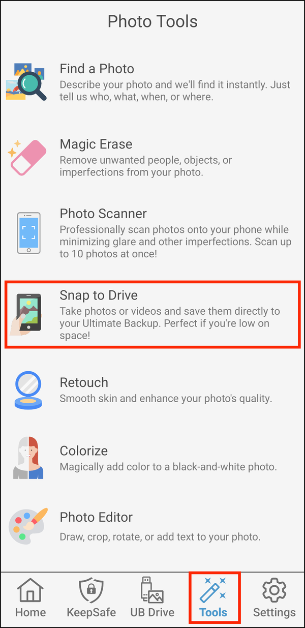 The Tools tab, with Snap to Drive highlighted