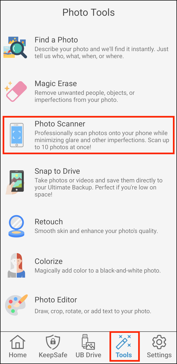 The Tools tab, with Photo Scanner highlighted