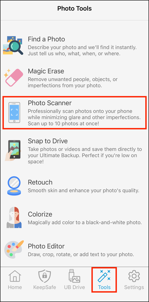 The Tools tab, with Photo Scanner highlighted
