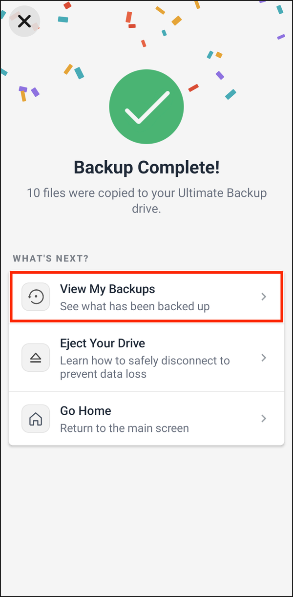 Backup Complete, with View My Backups highlighted