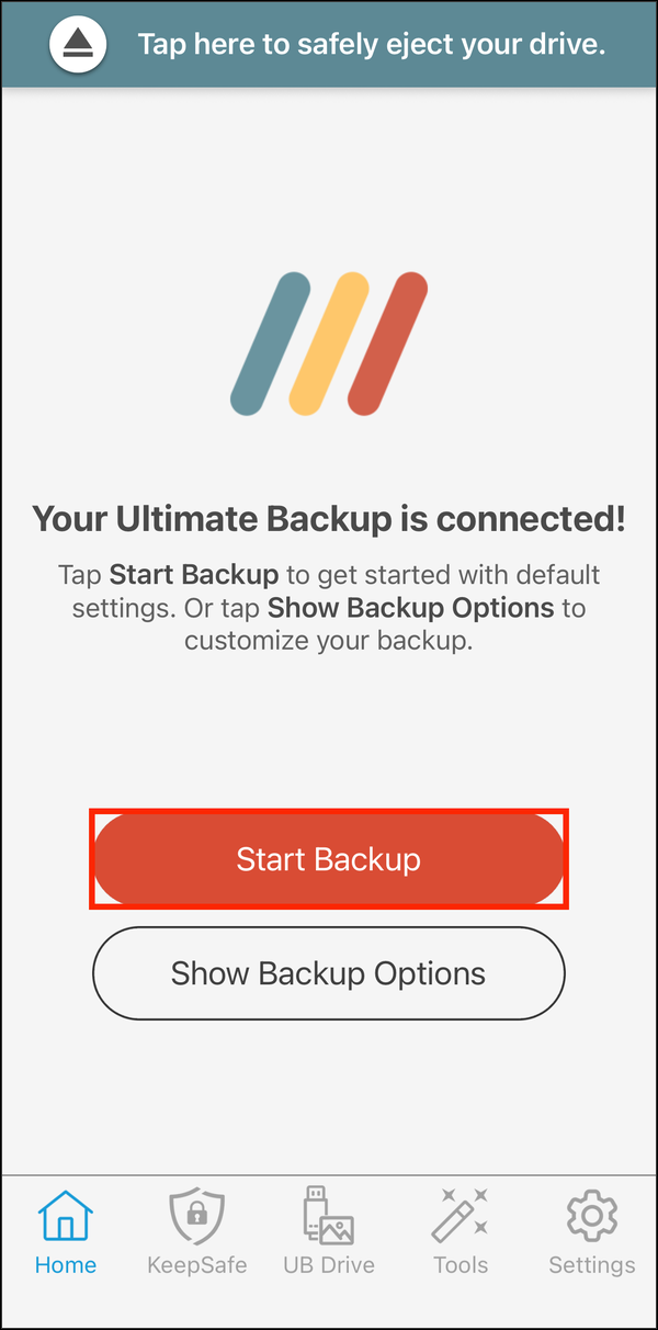 The Home screen, with Start Backup highlighted