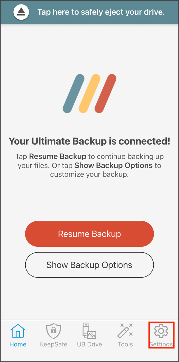 The Home screen, with Settings highlighted