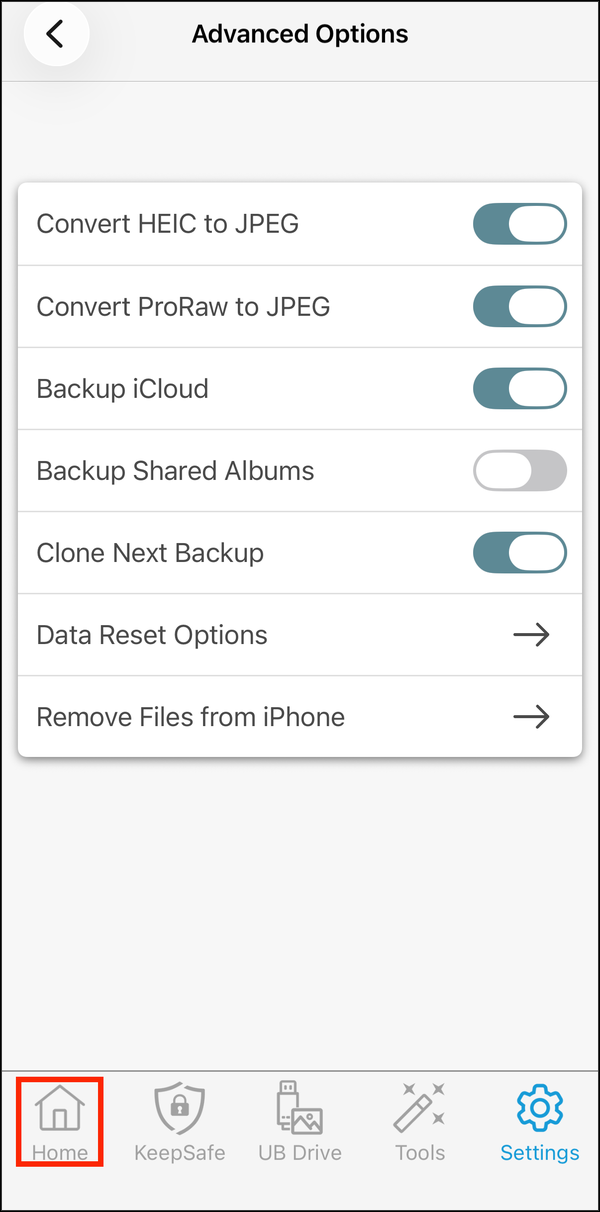 Clone Next Backup turned on, with Home highlighted