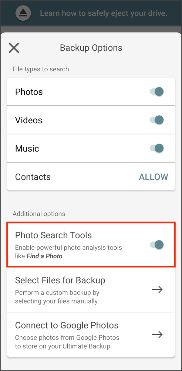 Backup Options, with Photo Search Tools highlighted
