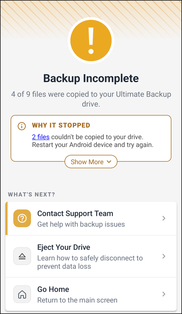 The Backup Incomplete screen, with a count of the files that didn’t back up and the Show More button