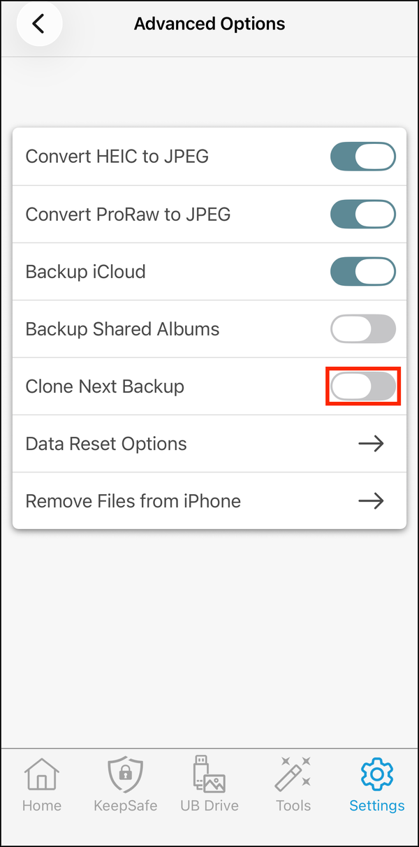 Advanced Options, with the Clone Next Backup switch highlighted