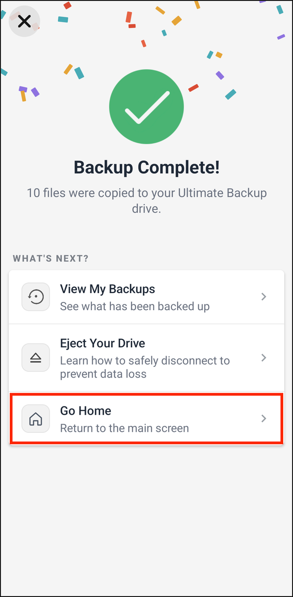 Backup Complete, with Go Home highlighted