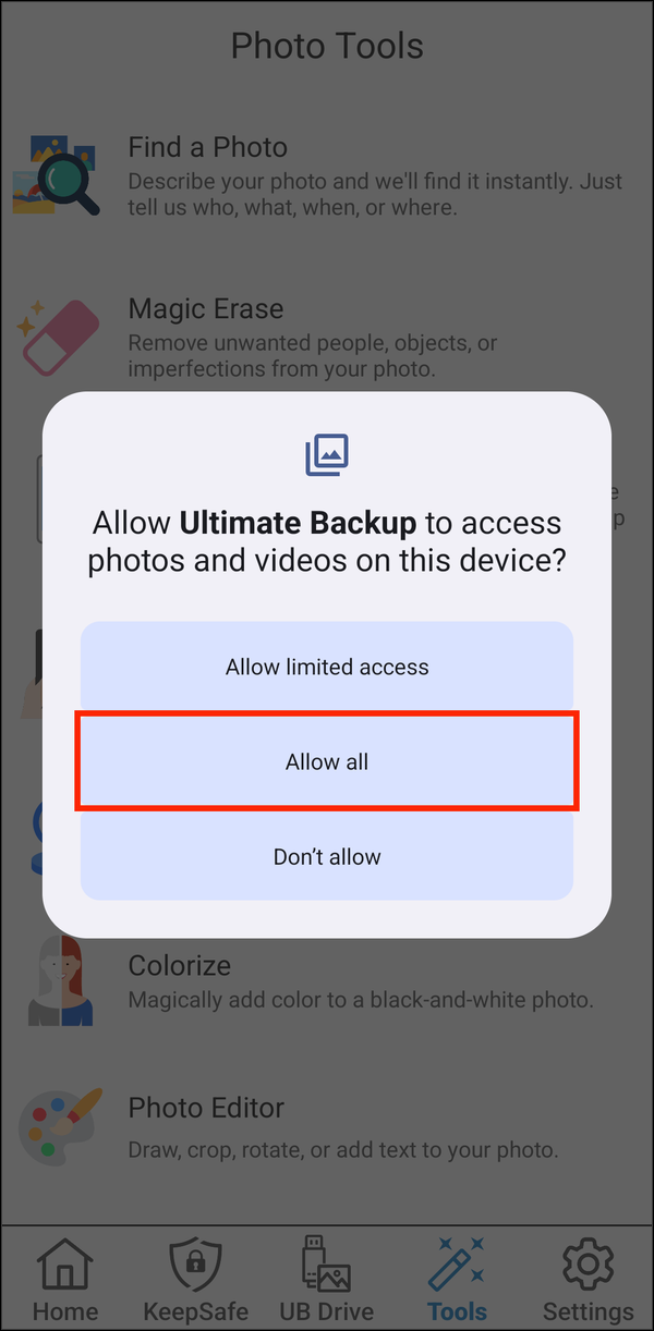 Photo access prompt, with Allow all highlighted