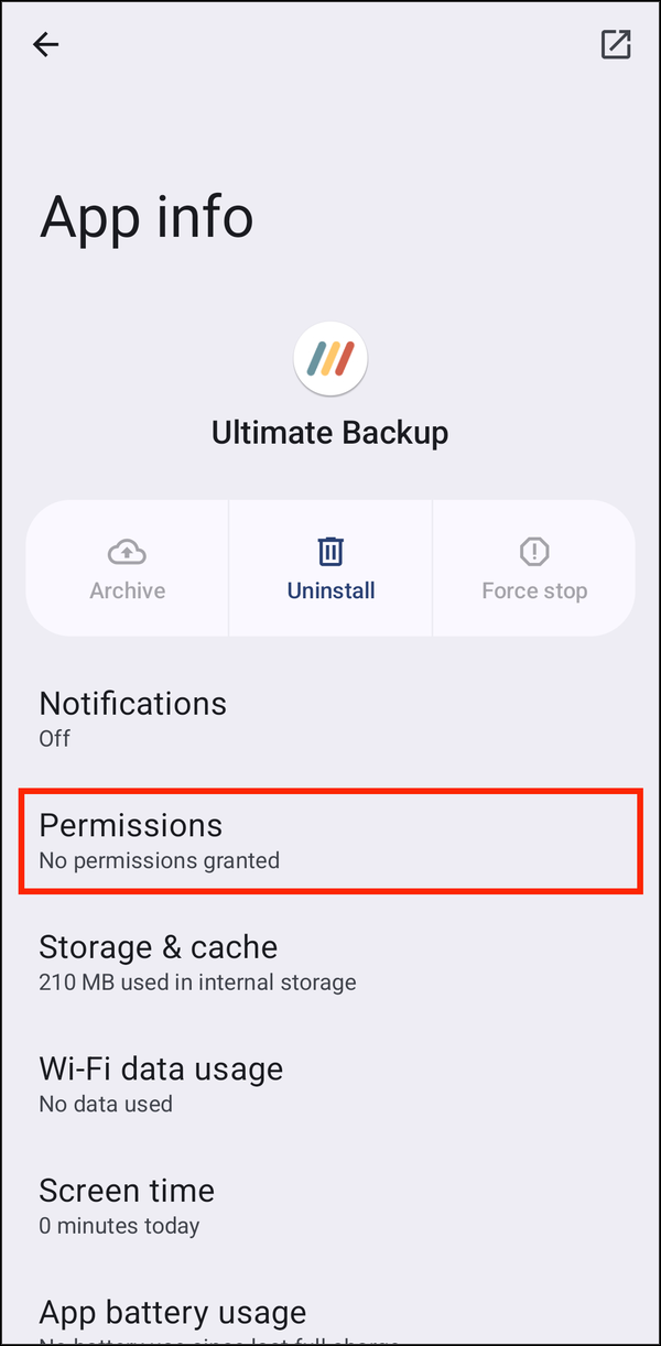 App info with Permissions highlighted