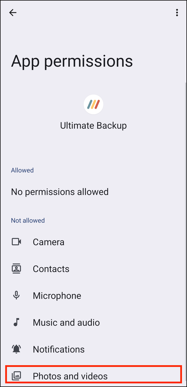 App permissions with Photos and videos highlighted