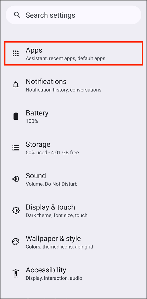 Android Settings with Apps highlighted