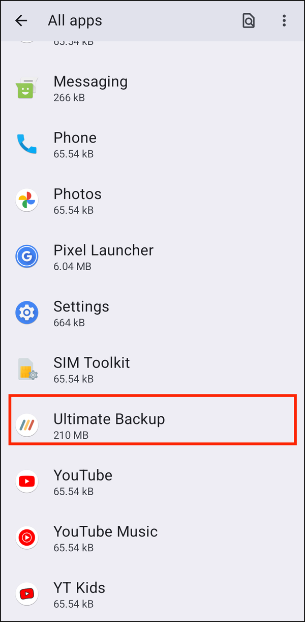All apps list with Ultimate Backup highlighted