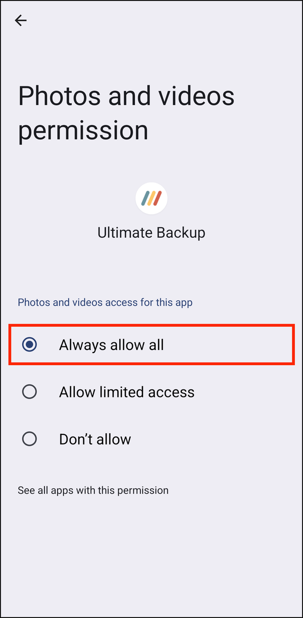 Photos and videos permission with Always allow all selected