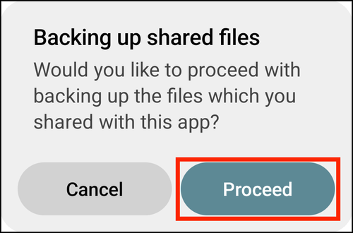 Backing up shared files alert with Proceed highlighted
