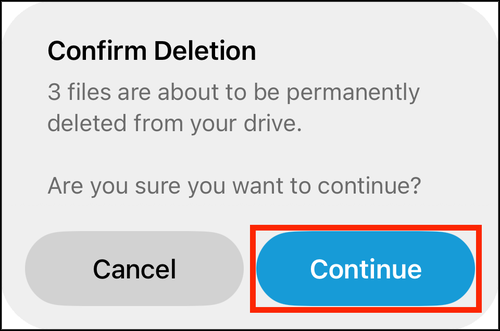 The second delete prompt, Confirm Deletion, with Continue highlighted