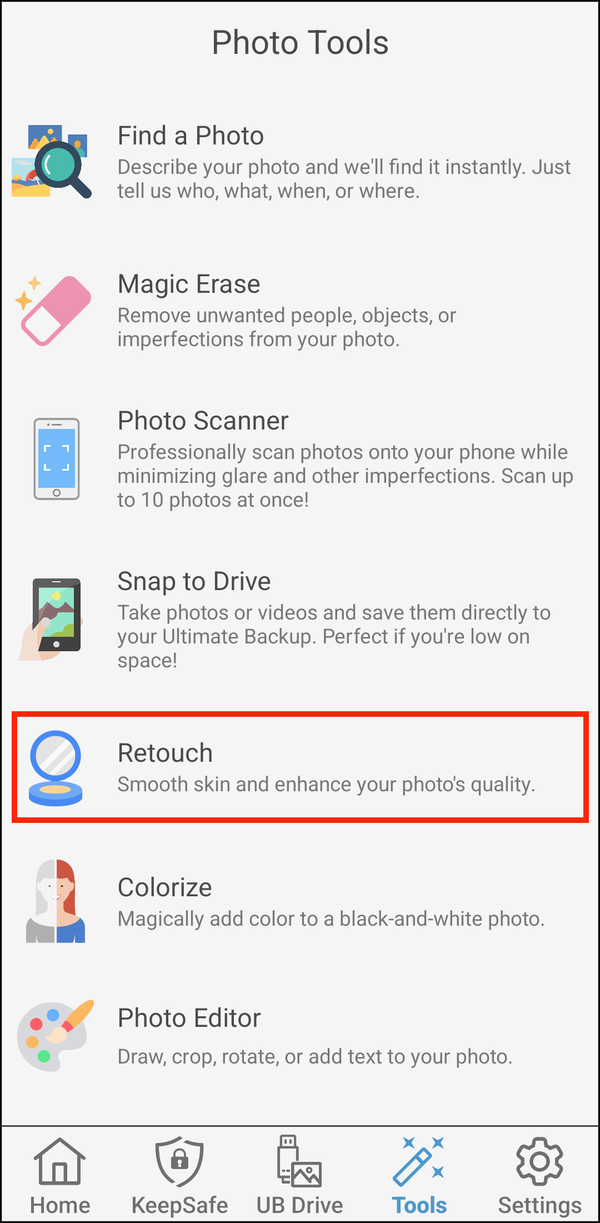 Photo Tools with Retouch highlighted