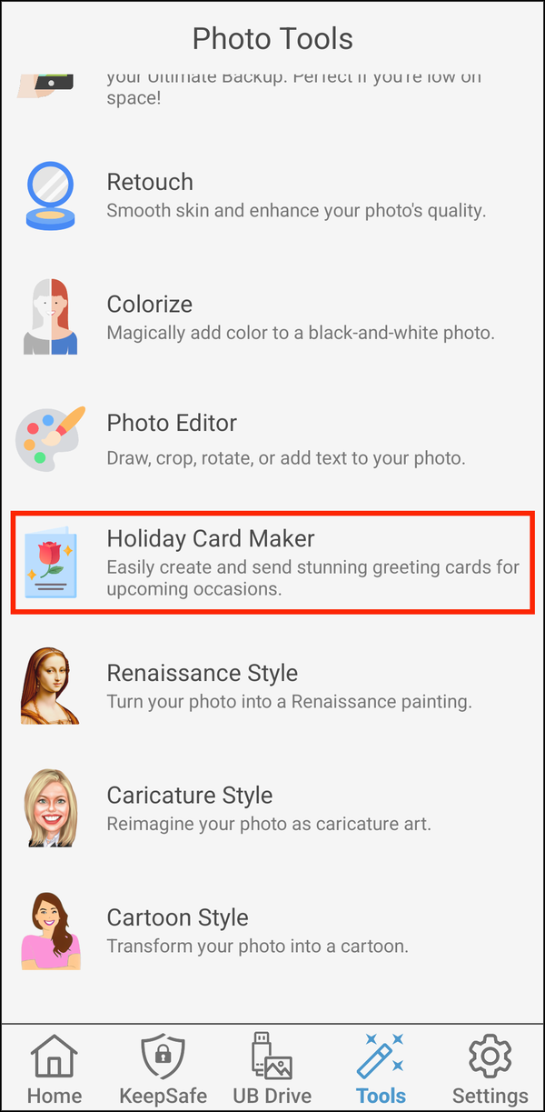 Photo Tools with Holiday Card Maker highlighted