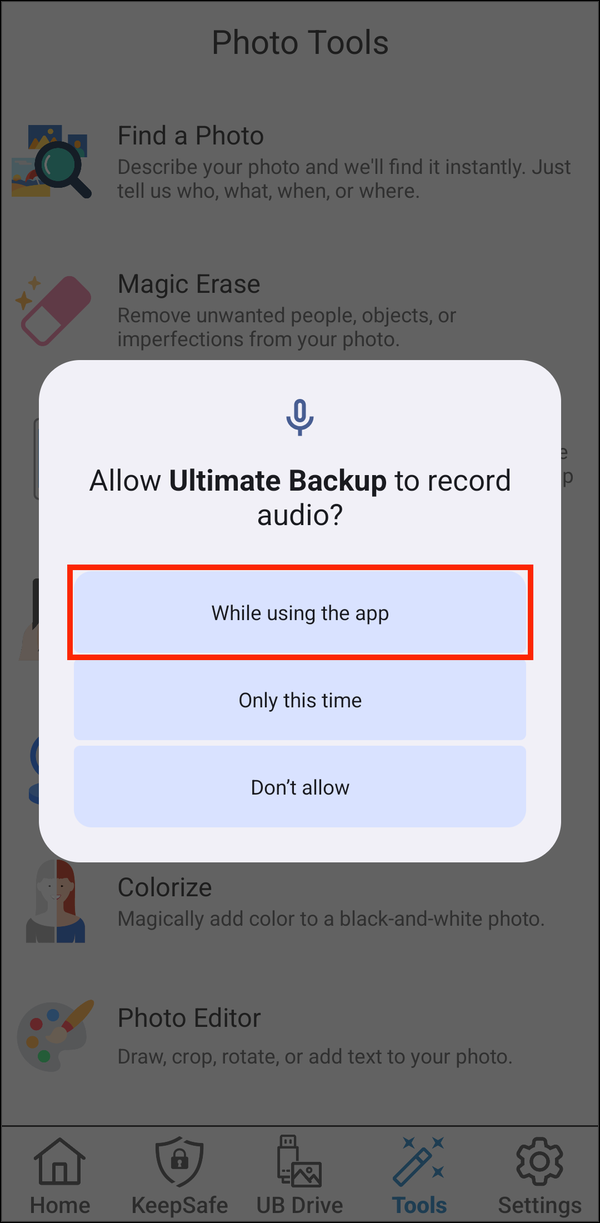 Microphone permission prompt with While using the app highlighted