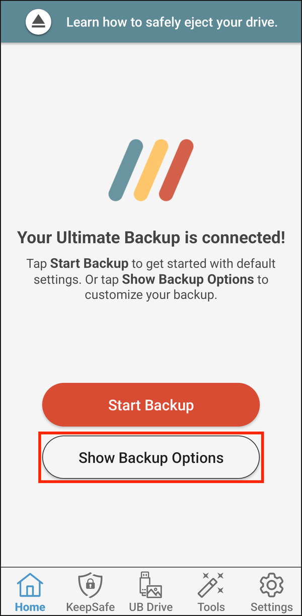 Home screen with Show Backup Options highlighted