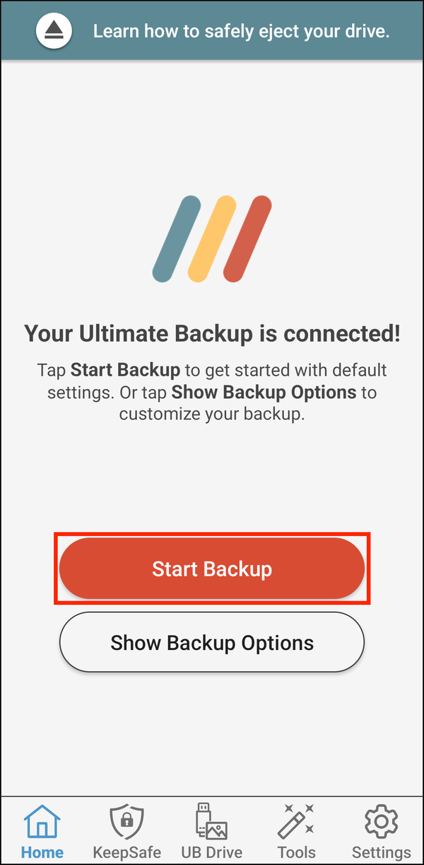 Home screen with Start Backup highlighted