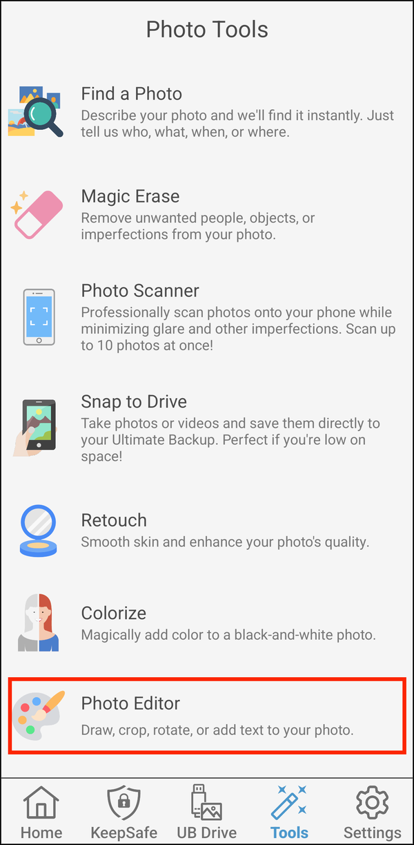 Photo Tools with Photo Editor highlighted
