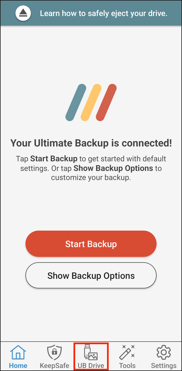 Home screen with the UB Drive tab highlighted