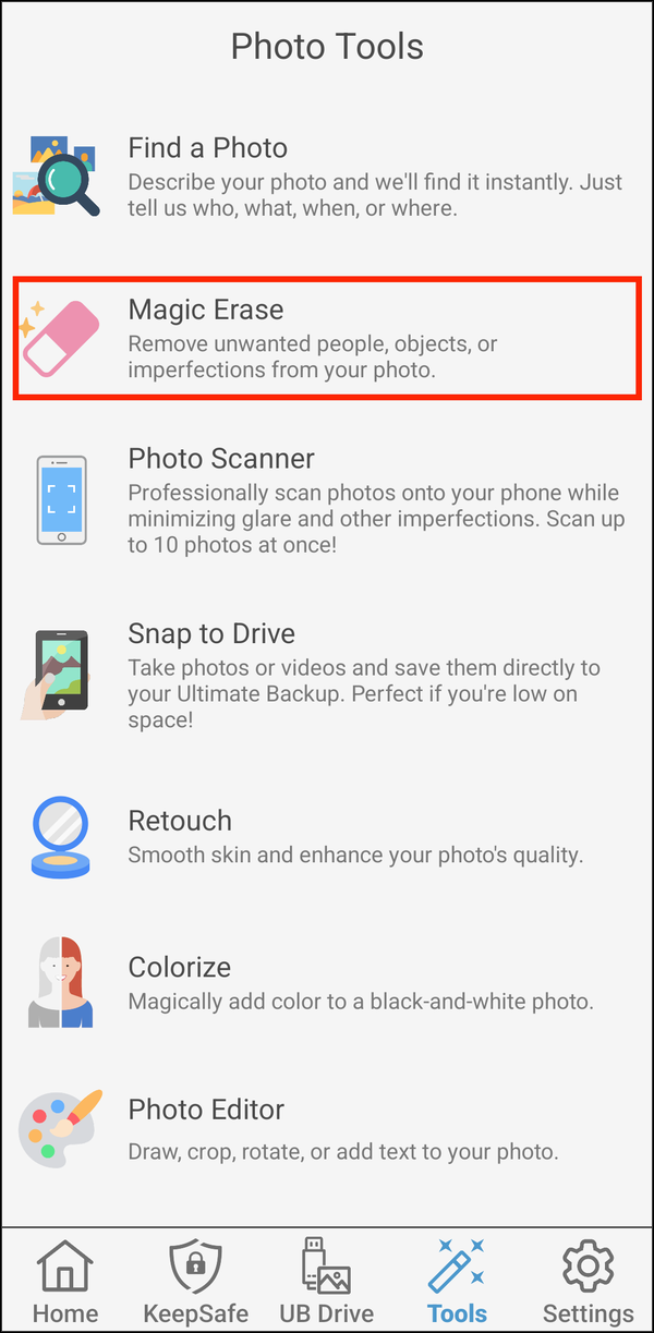 Photo Tools with Magic Erase highlighted