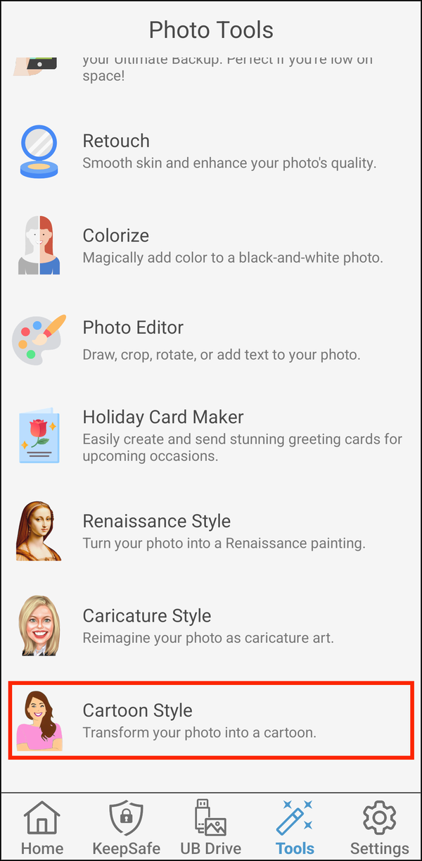 Photo Tools with Cartoon Style highlighted