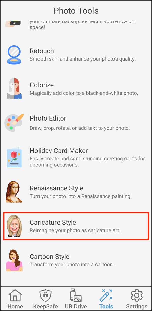 Photo Tools with Caricature Style highlighted