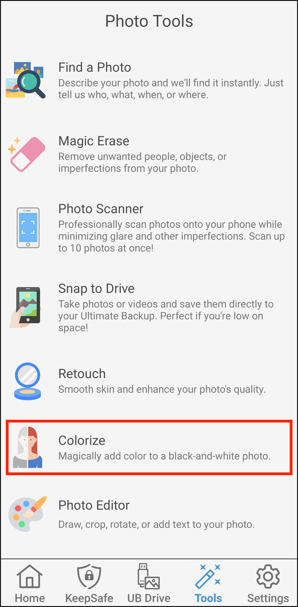 Photo Tools with Colorize highlighted